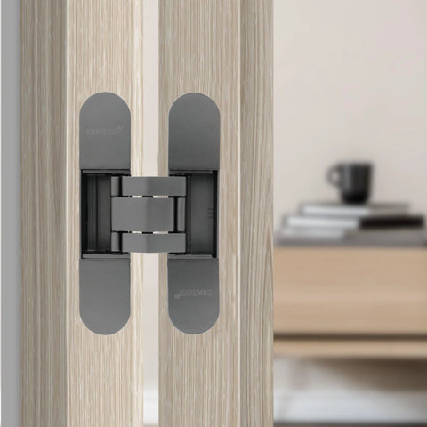 Hidden Door Hinge Set Gunmetal Grey 180 Degree Adjustable Concealed and Invisible Hinge 2PCS installed on light wood door