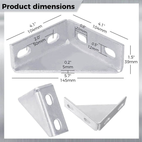 90 Degree Gusseted Fittings for Unistrut Channel 1-5/8 Inch: Carbon Steel Q235 4-Hole Right Angle Connector Brackets with dimensions.