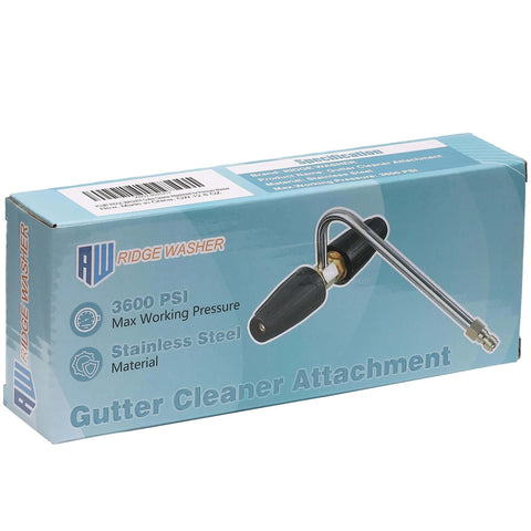 Packaging of Gutter Cleaner Attachment For Pressure Washer With Two Rotary Turbo Nozzles And Quarter Inch Quick Disconnect.