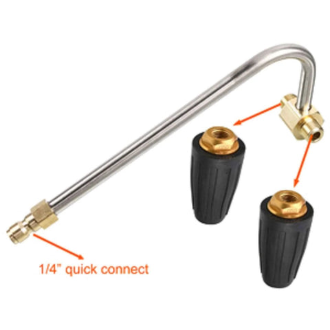 Gutter Cleaner Attachment For Pressure Washer With Two Rotary Turbo Nozzles And Quarter Inch Quick Disconnect, metal and plastic design