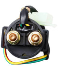 Front view of GY6 Starter Solenoid Relay for 4 Stroke ATV, Scooter, Go Kart, Dirt Bike 50cc-250cc, plug and play fitting.