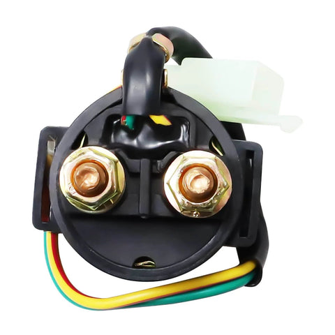 Front view of GY6 Starter Solenoid Relay for 4 Stroke ATV, Scooter, Go Kart, Dirt Bike 50cc-250cc, plug and play fitting.