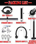 Upgraded Cable Pulley System For Home Gym LAT And Lift Attachments packing list with 100 inch cable, triceps rope, silent pulley.