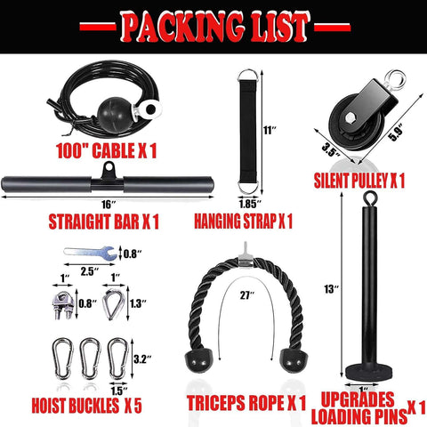 Upgraded Cable Pulley System For Home Gym LAT And Lift Attachments packing list with 100 inch cable, triceps rope, silent pulley.