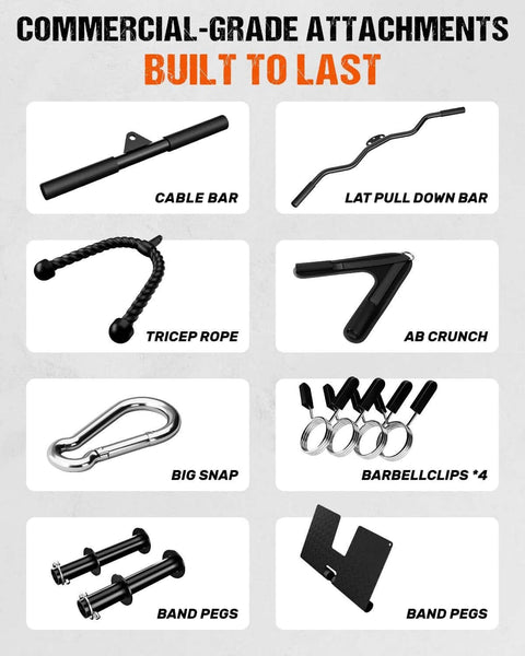 Commercial-grade attachments for 3 In 1 Pulley Station For Home Gym With Lat Pulldown, Low Row, AB Crunch, and Cable Row