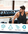 Man sitting in gym with kettlebells; icons show mute, stable, wear-resistant, safety features of gym equipment.