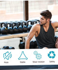 Man sitting by gym window with kettlebells and dumbbells, overlay with icons for mute, stability, wear-resistance, safety.
