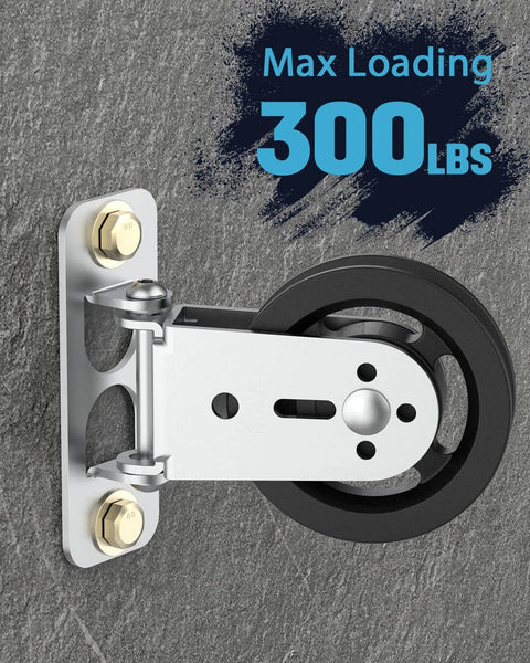 Gym Pulley Blocks, 3.5Inch/88mm Wall Mount Fixed Pulley Wheel, 180 Degree Rotation, displaying 300LBS max loading capacity.