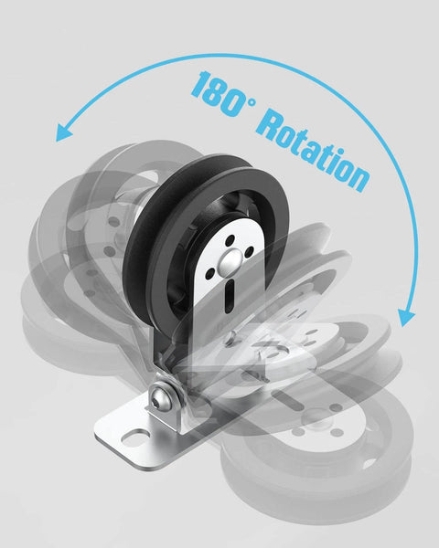Gym Pulley Blocks, 3.5Inch/88mm Wall Mount Fixed Pulley Wheel showing 180° rotation feature and heavy-duty swivel mechanism
