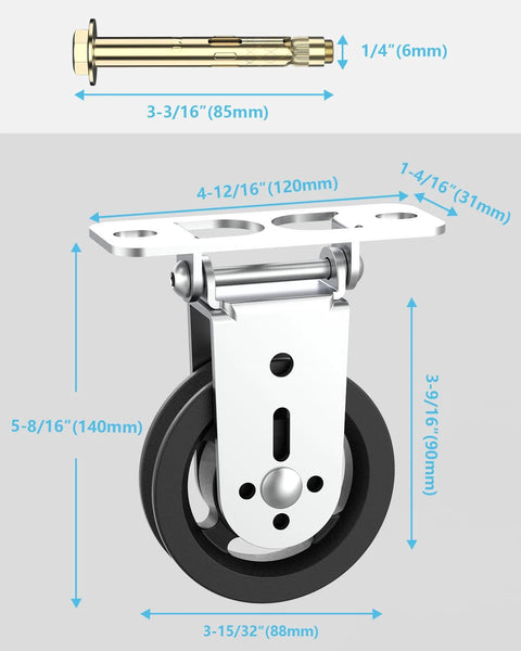 Gym Pulley Blocks, 3.5Inch/88mm Wall Mount Fixed Pulley Wheel with measurements and hardware included
