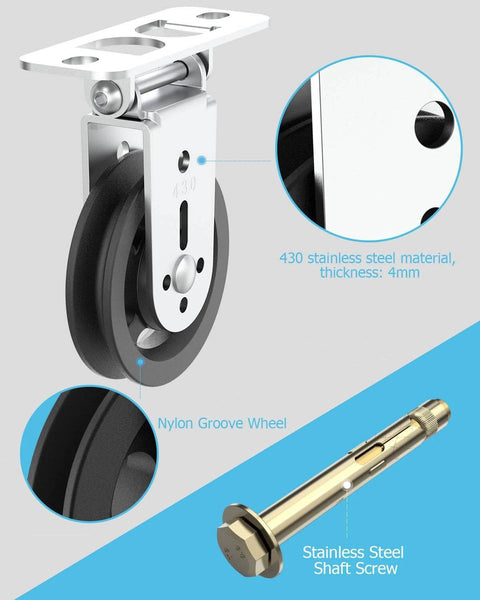 Gym Pulley Blocks, 3.5Inch/88mm Wall Mount Fixed Pulley Wheel, shown with stainless steel and nylon components
