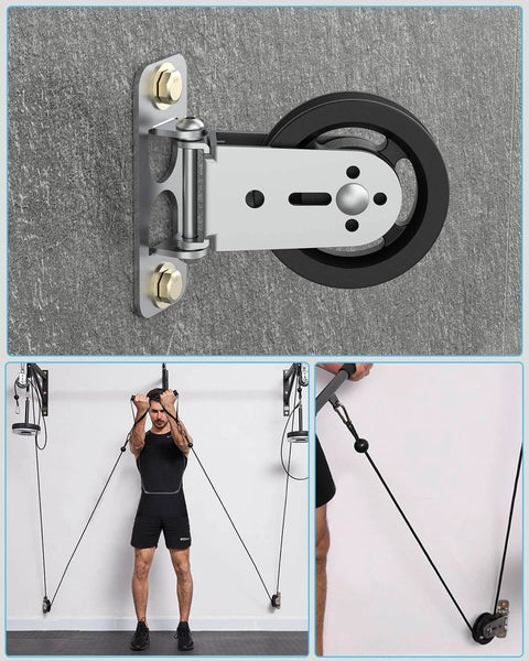Gym Pulley Blocks, 3.5Inch/88mm Wall Mount Fixed Pulley Wheel installed for DIY fitness, showcasing 180-degree swivel