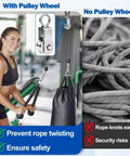 Gym setup showing woman using cable pulley wheel system with M34 single pulley snatch block to prevent rope twisting and ensure safety.