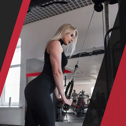 Woman using Tricep Rope Attachment For Gym Machines 27 Inch Nylon Braided Rope with Stainless Steel Carabiner during workout