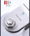 Close-up of a stainless steel pulley wheel marked SUS 304, showing dual bearings and part of the wheel mechanism.