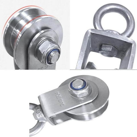 Two-pack H-groove stainless steel pulley wheels for sliding doors and rail systems, built from 304 stainless steel with dual bearings.