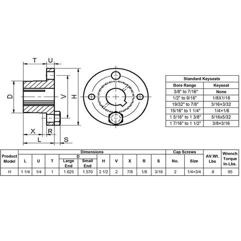 Technical diagram of H Style 24mm Split Taper Bushing for Pulleys and Sheaves, carbon steel with keyseat dimensions.
