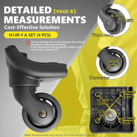 Detailed measurements of Luggage Wheels Replacement Kit with 4 Wear Resistant Spinner Casters Model H149 including diameter and thickness.