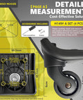 Luggage Wheels Replacement Kit with 4 Wear Resistant Spinner Casters Model H149 showing detailed measurements and accessories included.