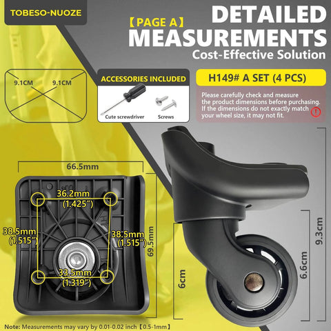 Luggage Wheels Replacement Kit with 4 Wear Resistant Spinner Casters Model H149 showing detailed measurements and accessories included.