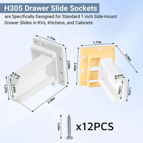 2 Pack Drawer Slide Socket Set For 1 Inch Drawer Slides, C-Shaped Adjustable H305 Bracket with screws, front and side view