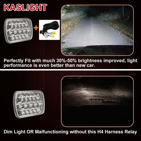 Two Headlight Wiring Harness Kit With H4 Relay For 9003 6054 H6054 LED Headlights, demonstration of brightness improvement with kit
