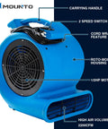 Powerful Half Horsepower Air Mover For Fast Carpet Drying And Floor Drying With 2200 CFM Air Flow Lightweight Design For Home Garage And Job Site Use Two Speed Settings By Mounto showing side view with carrying handle and switch.