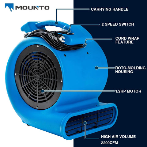 Powerful Half Horsepower Air Mover For Fast Carpet Drying And Floor Drying With 2200 CFM Air Flow Lightweight Design For Home Garage And Job Site Use Two Speed Settings By Mounto showing side view with carrying handle and switch.
