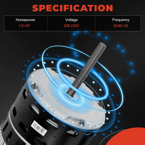 Half Horsepower Blower Motor For Nortek Nordyne Intertherm Miller Maytag Frigidaire Gas Furnaces 622686 622639 622500R ZWK702B5388701 Drop In Replacement With Strong Airflow And Energy Efficient Performance, close-up of motor specifications and design