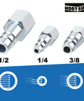 Half Inch Air Hose Fittings Set High Flow Pro Grade Industrial Type Coupler And Plug Quick Connect Kit displayed in various sizes