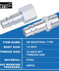 Half Inch Air Hose Fittings Set High Flow Pro Grade Industrial Type Coupler And Plug Quick Connect Kit 1/2 In FNPT 1/2 In NPT 300 PSI Steel