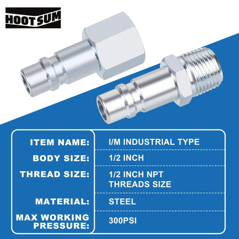 Half Inch Air Hose Fittings Set High Flow Pro Grade Industrial Type Coupler And Plug Quick Connect Kit 1/2 In FNPT 1/2 In NPT 300 PSI Steel