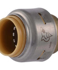 Side view of Half Inch Push Cap For PEX Copper CPVC PE RT HDPE Pipes Push To Connect Brass Plumbing Fitting SharkBite Max UR514A Cap End Plug