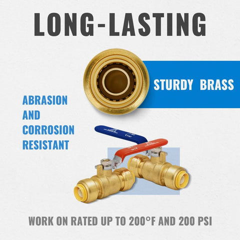Half Inch Shut Off Ball Valve Pack Of 2, Push To Connect Water Shutoff Valves With Red And Blue Handles, Brass Fittings