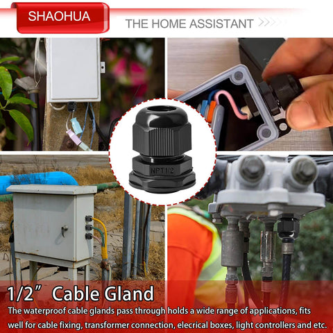 Half Inch NPT Cable Gland Set IP68 Waterproof Adjustable Strain Relief Cord Connector Fits 6 To 12mm Diameters, PA66 Nylon