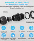 10 Pack Half Inch NPT Waterproof Cable Glands IP68 Rugged Heavy Duty Nylon PA66 Strain Relief Wire Grommet Cord Grip For 6 To 12mm Cables Junction Box parts