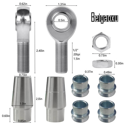 1/2 inch Heim Joint Rod End Kit, chromoly panhard rod ends, spacers, jam nuts, tube adapters, for steering and suspension, 2 pair set.