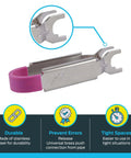 Half Inch Disconnect Tongs For Push To Connect Brass Fittings Quick Tool Free Release For Copper PEX CPVC CTS And More Designed For Tight Spaces And One Handed Plumbing Jobs With Easy Grip And Smooth Removal shown in stainless steel with pink handle