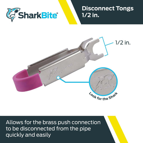 Half Inch Disconnect Tongs For Push To Connect Brass Fittings Quick Tool Free Release For Copper PEX CPVC CTS And More Designed For Tight Spaces And One Handed Plumbing Jobs With Easy Grip And Smooth Removal, shown in product image with size and logo