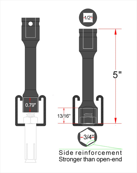 Diagram of 3/4 Inch Socket For 1 5/8 Inch Wide Strut Channel With 5 Inch Length Made From 42CrMo Alloy Steel Heat Treated