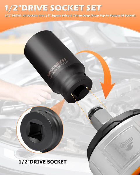 Close-up of 9 Pcs Axle Nut Hub Impact 1/2" Drive Socket being used on a vehicle, showcasing the fit and design.