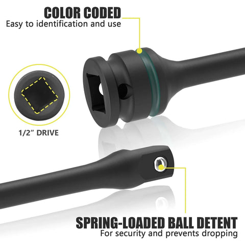 Close-up of 1/2" Drive Torque Limiting Extension Bar Set, 10-Piece Lug Nut Torque Stick Set with color coding and spring-loaded ball detent.