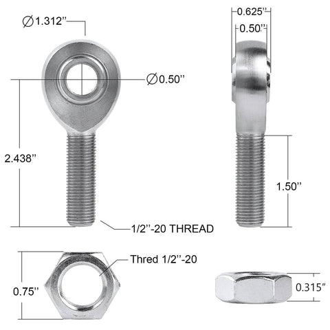 1/2 Heim Joint Rod End Kit with Right and Left Hand Threads, .5 Chromoly Panhard Rod Ends with Tube Adapters and Jam Nuts, specs