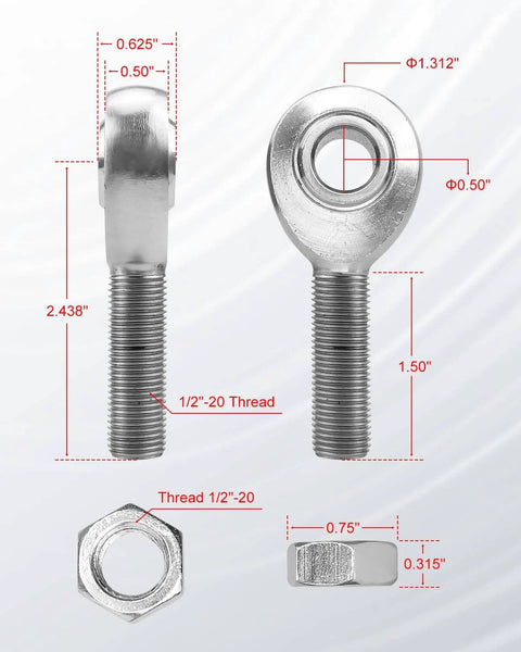 1/2 inch Heim joint rod end kit with jam nuts, left and right hand thread chromoly panhard bar joints shown with dimensions