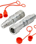 Half Inch Flat Face ISO 16028 To AG ISO 5675 Pioneer Style Hydraulic Quick Connect Coupler For Skid Steer Heavy Duty Chrome Plated Steel High Pressure Up To 5076 PSI Max Flow 24 GPM Flushing Valve Design With Push Connect Locking Sleeve Dust Cap