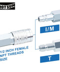 Image showing Half Inch IM Industrial Air Hose Fittings Kit with two industrial couplers and one 1/2 inch female NPT plug.