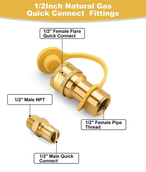 Half Inch LP Gas Quick Connect Fittings Kit With Male Insert Plug, Half Inch Natural Gas Propane Quick Disconnect, 100 Percent Solid Brass Construction, Includes Dust Cap And Seal Tape For Easy, Leak Free Gas Line Setup