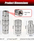 Half Inch NPT Flat Face Hydraulic Quick Couplers Kit With Two Dust Covers For Skid Steer, Agricultural Machinery, Construction Equipment And Industrial Hydraulic Testing, High Flow 23 GPM, 5076 PSI, No Spill Connection, Built Tough