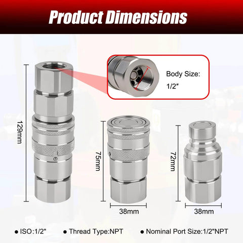 Half Inch NPT Flat Face Hydraulic Quick Couplers Kit With Two Dust Covers For Skid Steer, Agricultural Machinery, Construction Equipment And Industrial Hydraulic Testing, High Flow 23 GPM, 5076 PSI, No Spill Connection, Built Tough