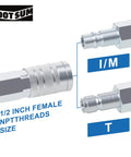 Half Inch Air Hose Fittings Set High Flow Pro Grade Industrial Type Coupler And Plug Quick Connect Kit 1/2 In FNPT 3 Piece